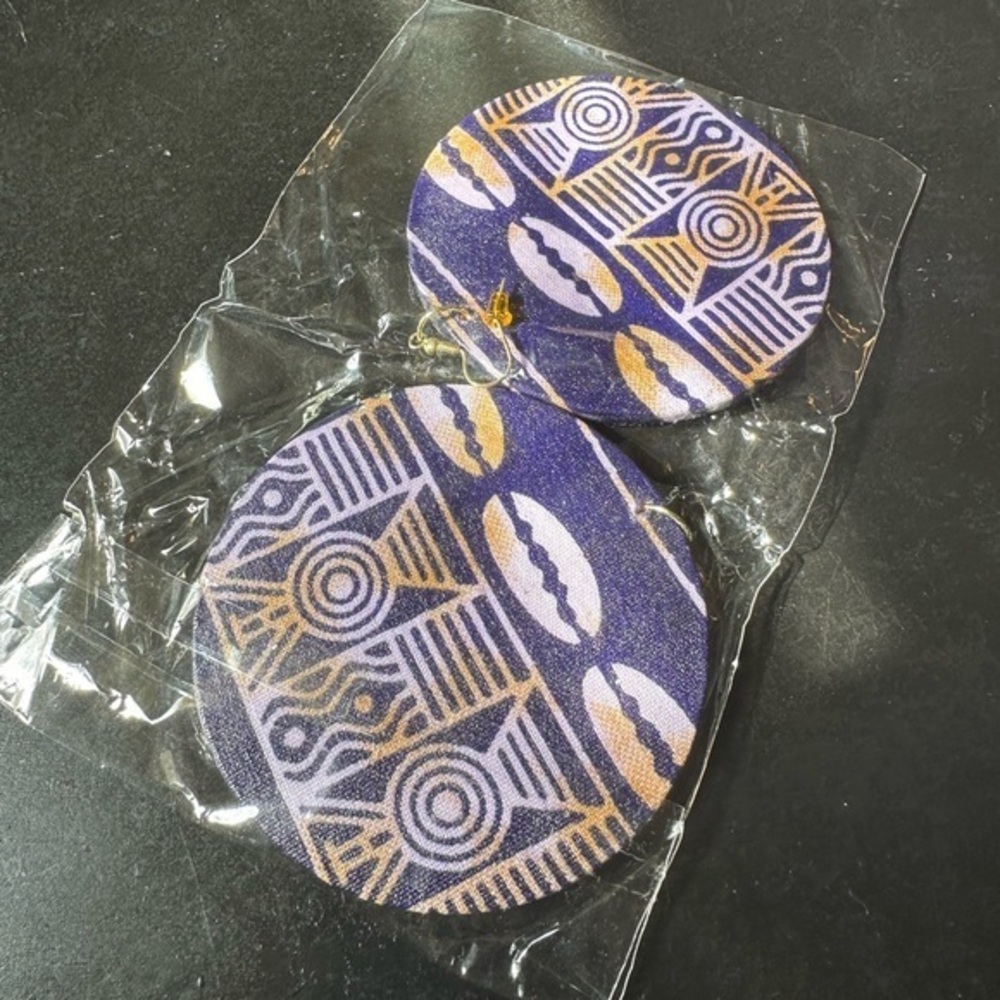 Ankara Print African Dangle Earring Purple Gold Circle Handmade Pierced